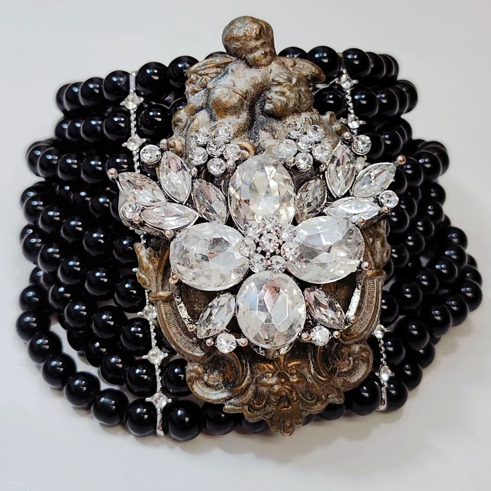 Upcycled Hand Crafted Extra Wide Black Bead Rhinestone Brass Cherub Bracelet - Picture 1 of 13